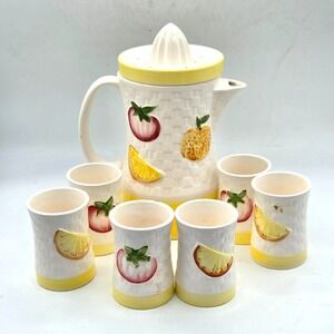 VINTAGE Ceramic Juicer Pitcher with Reamer and 6 Glasses Set JAPAN 1960